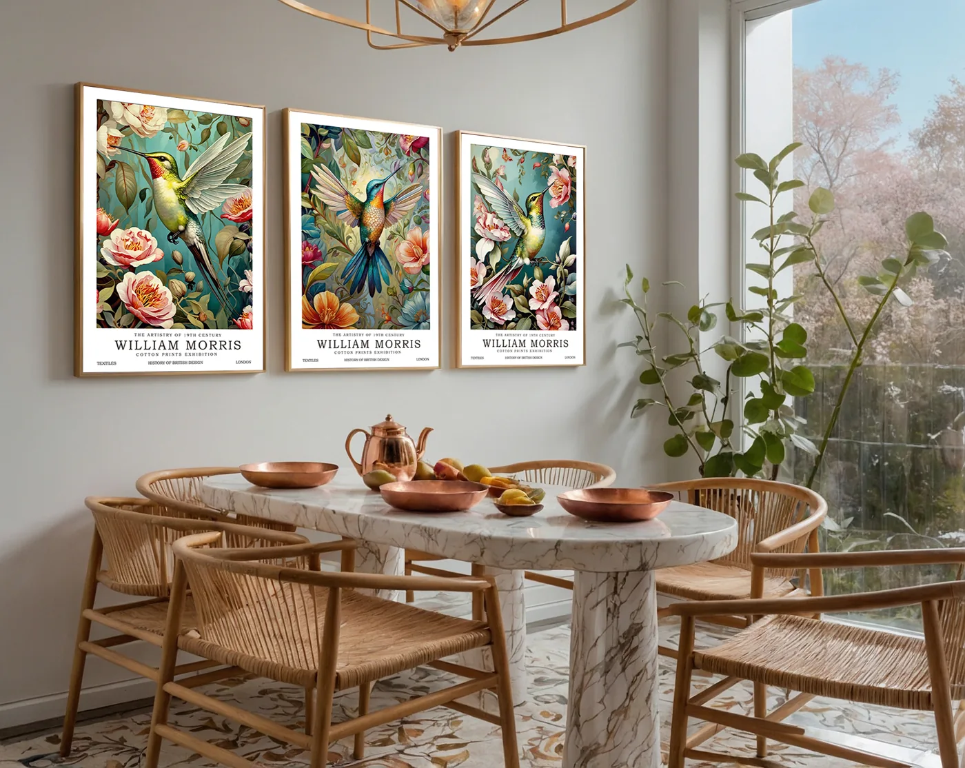 Honeybird wall art trio in a bright dining room