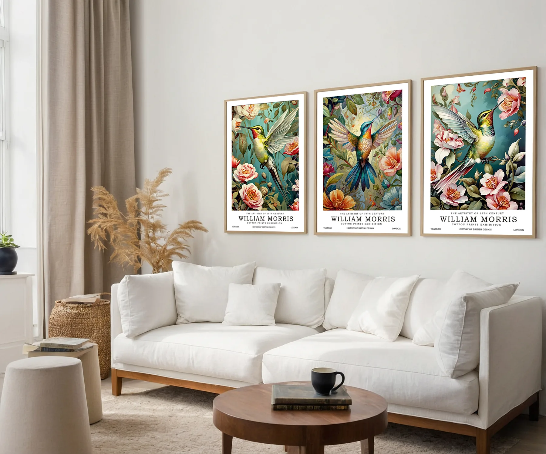Honeybird printable wall art trio displayed above a bright living room sofa