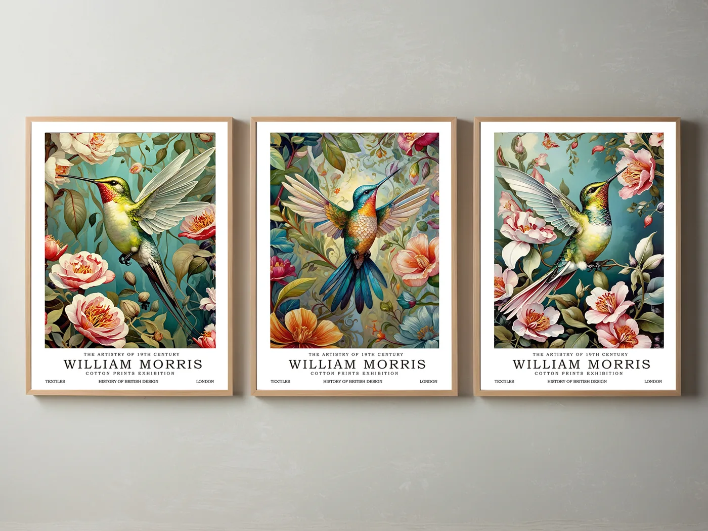 Front view of three framed Honeybird botanical prints