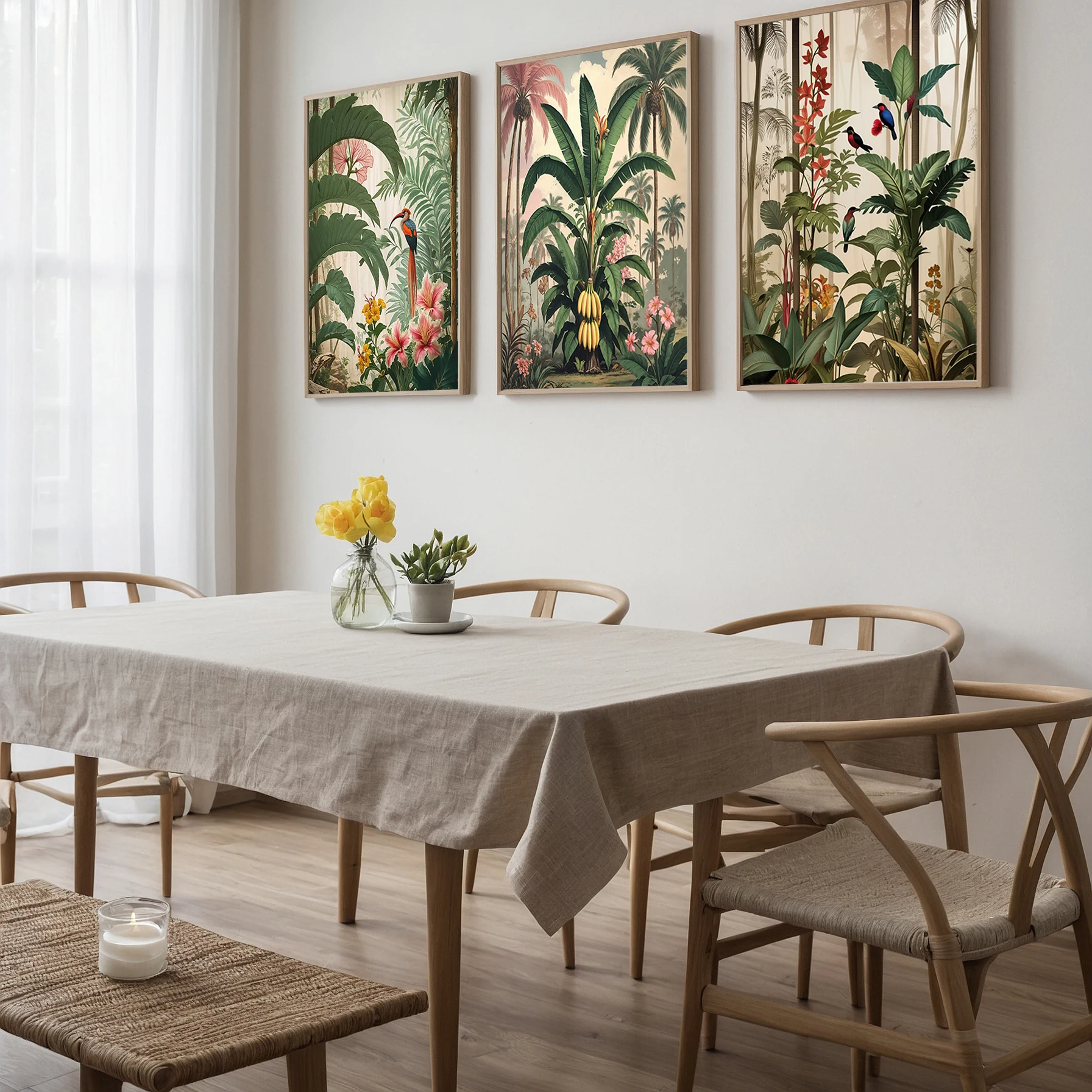 Jungle botanical art trio above a linen-covered dining table with natural wood chairs