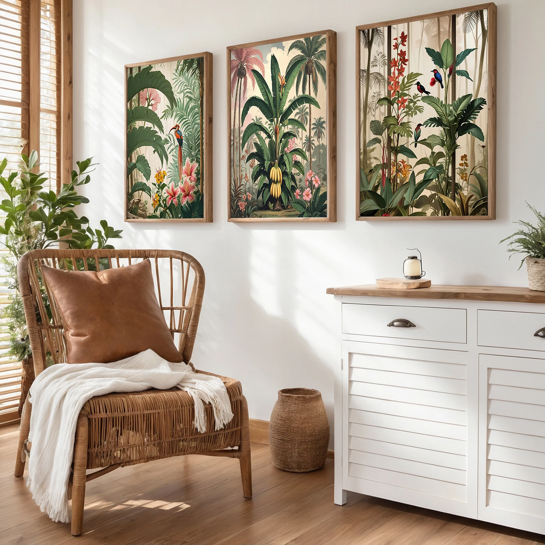 Jungle botanical art trio beside a wicker reading chair and white sideboard