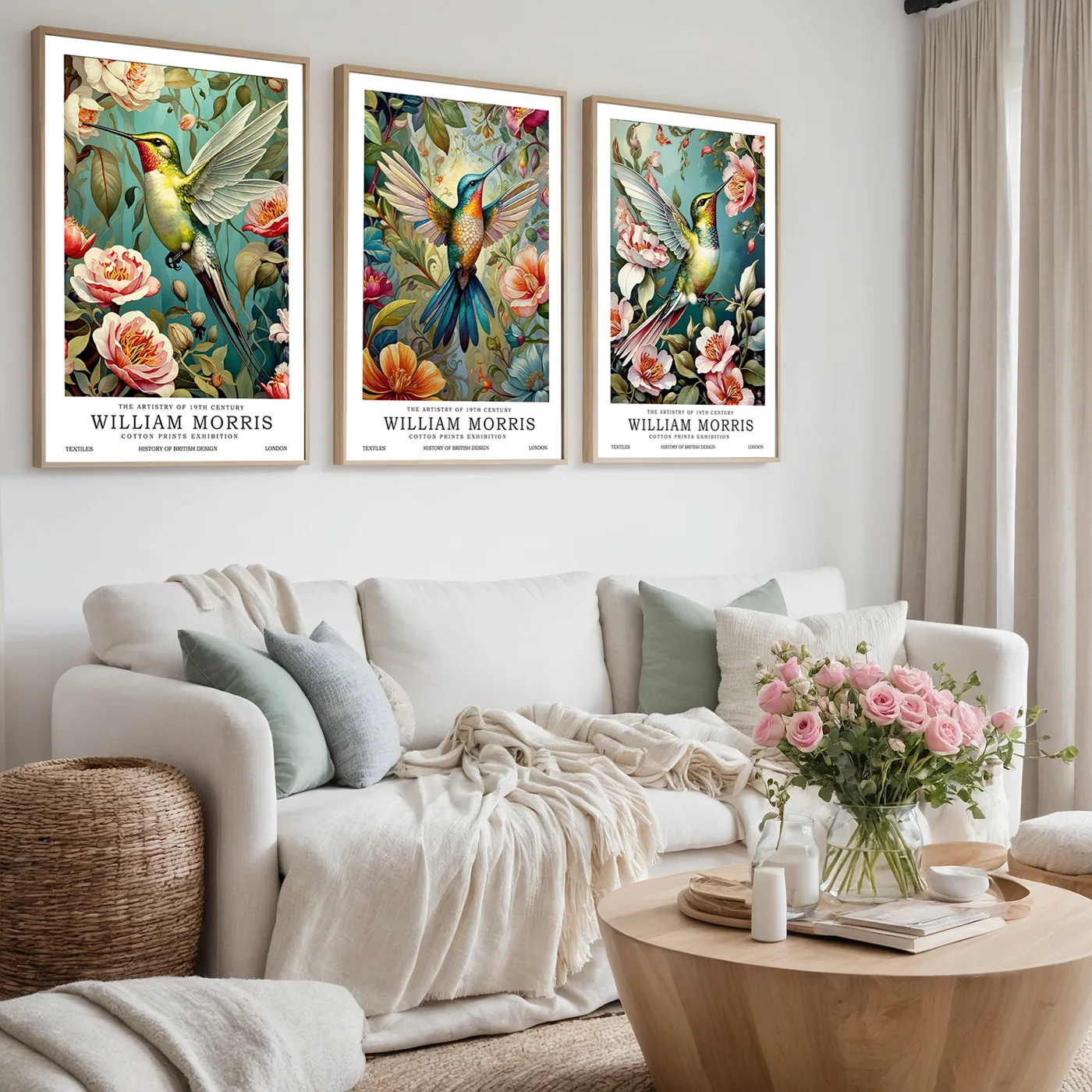 Honeybird wall art trio in a soft neutral living room