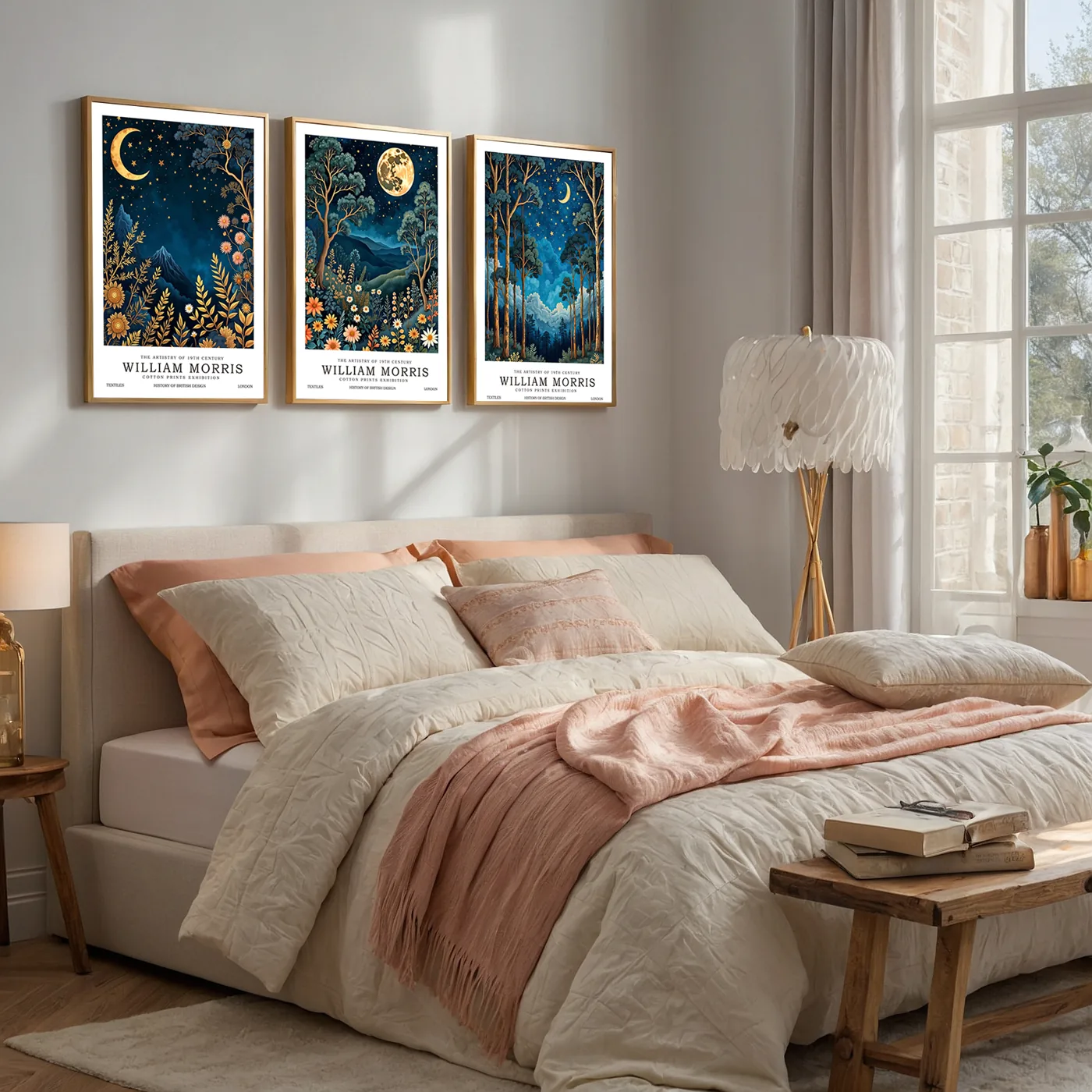 Moonlit botanical printable wall art trio displayed above a bedroom