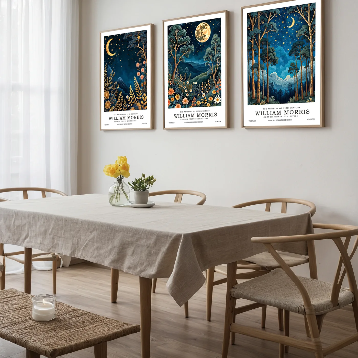 Moon and night-sky art trio in a dining room