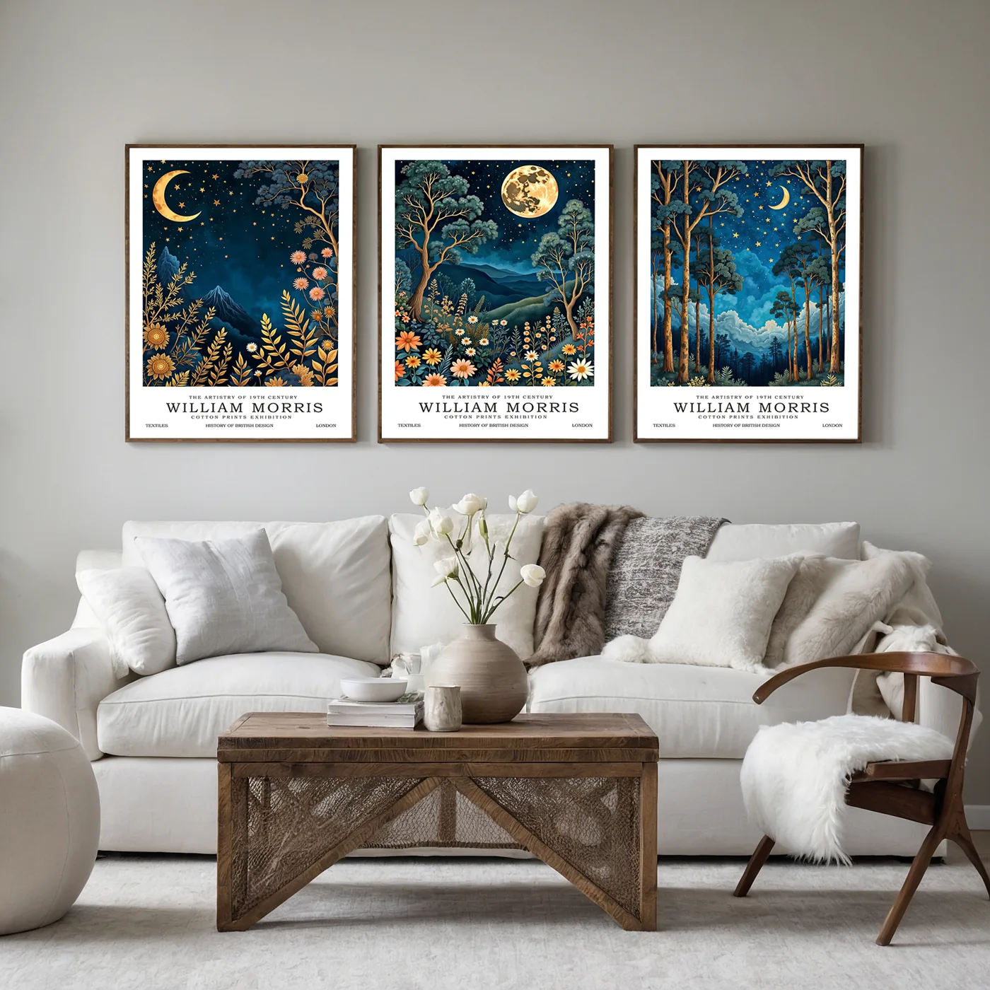 Moon and night-sky art trio above a neutral sofa