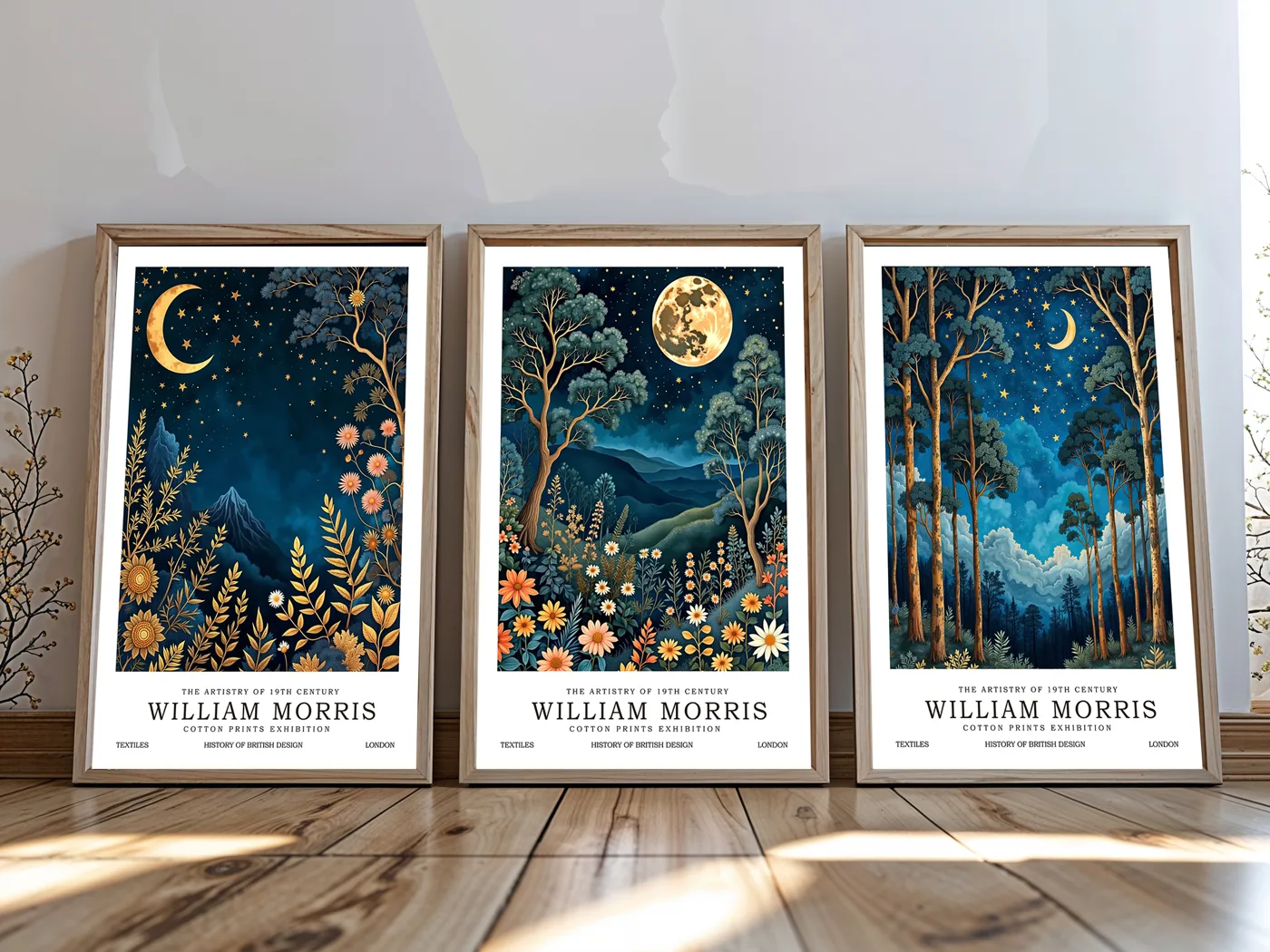 Close view of three framed moon and botanical posters